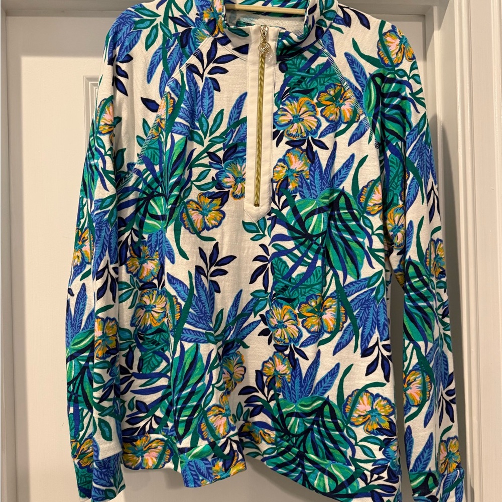Lilly Pulitzer Blue and Green Leaf Print Pullover
